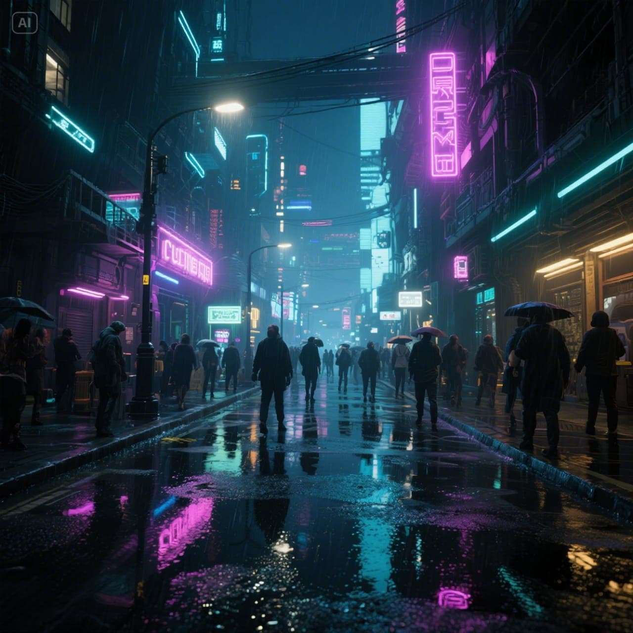 SeeDream 3.0: Cyberpunk Scene Under Rain and Neon Lights Cyberpunk city street at night in rain, neon lights, reflections.
