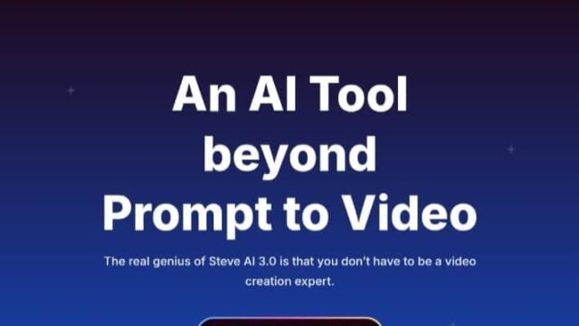 لقطة شاشة لصفحة Steve AI الرئيسية، تظهر عنوان "An AI Tool beyond Prompt to Video" وزر "Create Videos with AI". الصورة توضح واجهة الأداة كصانع فيديو يعتمد على الذكاء الاصطناعي لتحويل النص والأفكار لمحتوى مرئي.