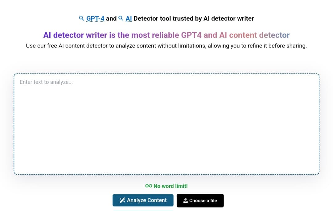 واجهة أداة موقع aidetectorwriter.com لكشف محتوى ال AI مجانًا
