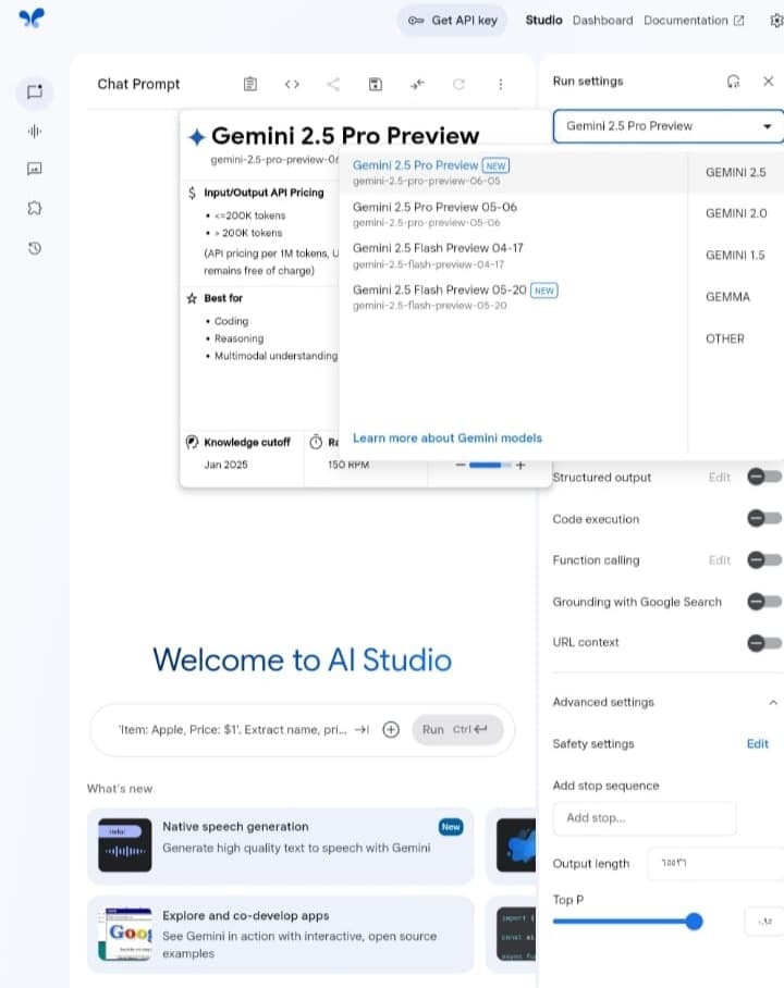 واجهة نموذج Gemini 2.5 Pro Preview 06-05 على منصة Google AI Studio واجهة النسخة Gemini 2.5 Pro Preview 06-05 على منصة Google AI Studio. يظهر بالأعلى مربع اختيار الإصدار.
