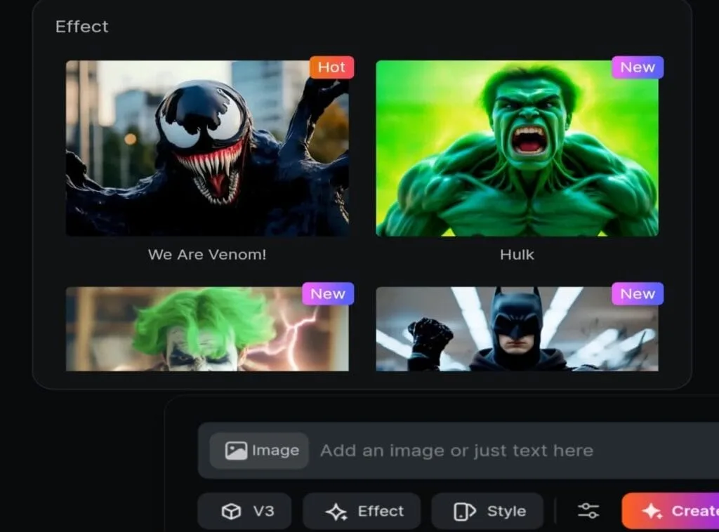 PixVerse AI effects Collection of amazing AI effects like Venom and Hulk.