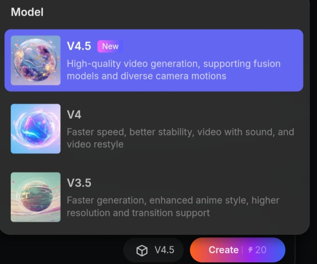 واجهة اختيار النماذج في Pixverse واجهة أداة PixVerse مع خيارات النماذج V3.5 و V4 و V4.5 لتحويل النصوص والصور إلى فيديوهات بالذكاء الاصطناعي.