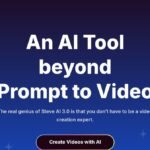 alt="لقطة شاشة لصفحة Steve AI الرئيسية، تظهر عنوان "An AI Tool beyond Prompt to Video" وزر "Create Videos with AI". الصورة توضح واجهة الأداة كصانع فيديو يعتمد على الذكاء الاصطناعي لتحويل النص والأفكار لمحتوى مرئي.