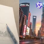 صورة مركبة تظهر قدرات نموذج Qwen-Vlo، حيث تعرض رسمًا يدويًا لناطحات سحاب بجانب صورة واقعية لمدينة حديثة تم إنشاؤها بالذكاء الاصطناعي مع شعار علي بابا و Qwen.