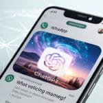 شعار ChatGPT على خلفية جذابة داخل تطبيق WhatsApp، ترمز إلى قدرة إنشاء الصور بالذكاء الاصطناعي مباشرة للنموذج عبر التطبيق.