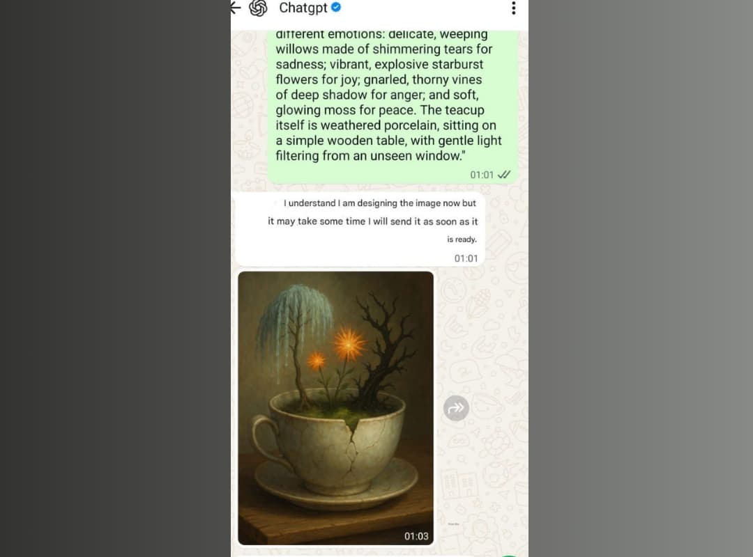 Practical Example: ChatGPT Turns a Description into a Creative Image via WhatsApp A practical example of using ChatGPT on WhatsApp to generate an artistic image of a teacup containing trees and flowers.