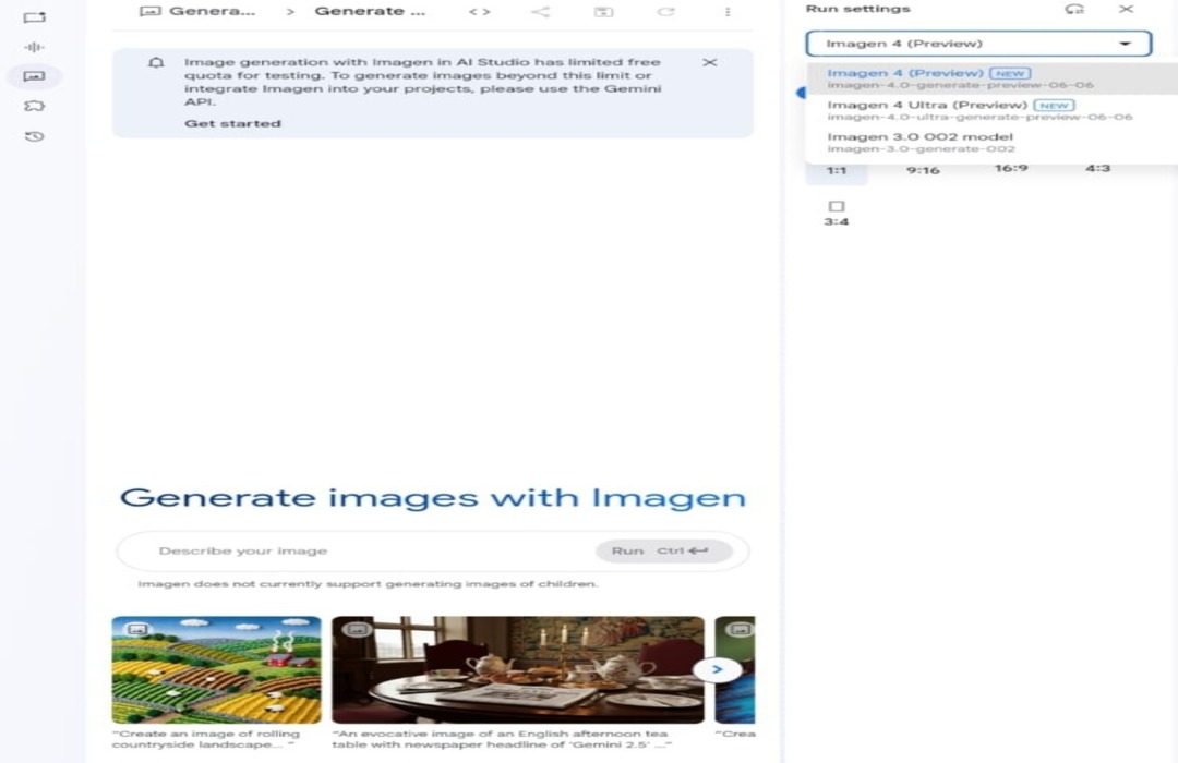 واجهة جوجل AI Studio لتجربة نماذج توليد الصور Imagen 4 و Imagen 4 Ultra لقطة شاشة لواجهة Google AI Studio تُظهر خيارات توليد الصور باستخدام نماذج Imagen 4 و Imagen 4 Ultra، مع حقل لإدخال وصف الصورة وأمثلة لصور مولدة سابقًا.