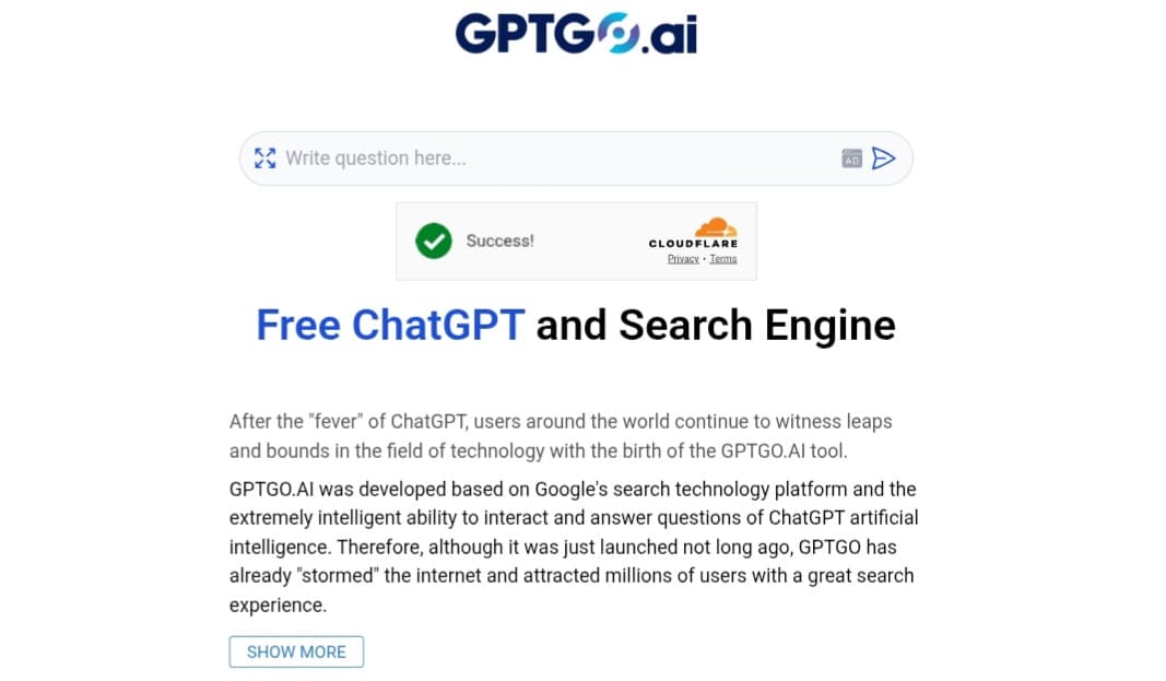 GPTGO main interface screen with search bar and the title 'Free ChatGPT and Search Engine'.