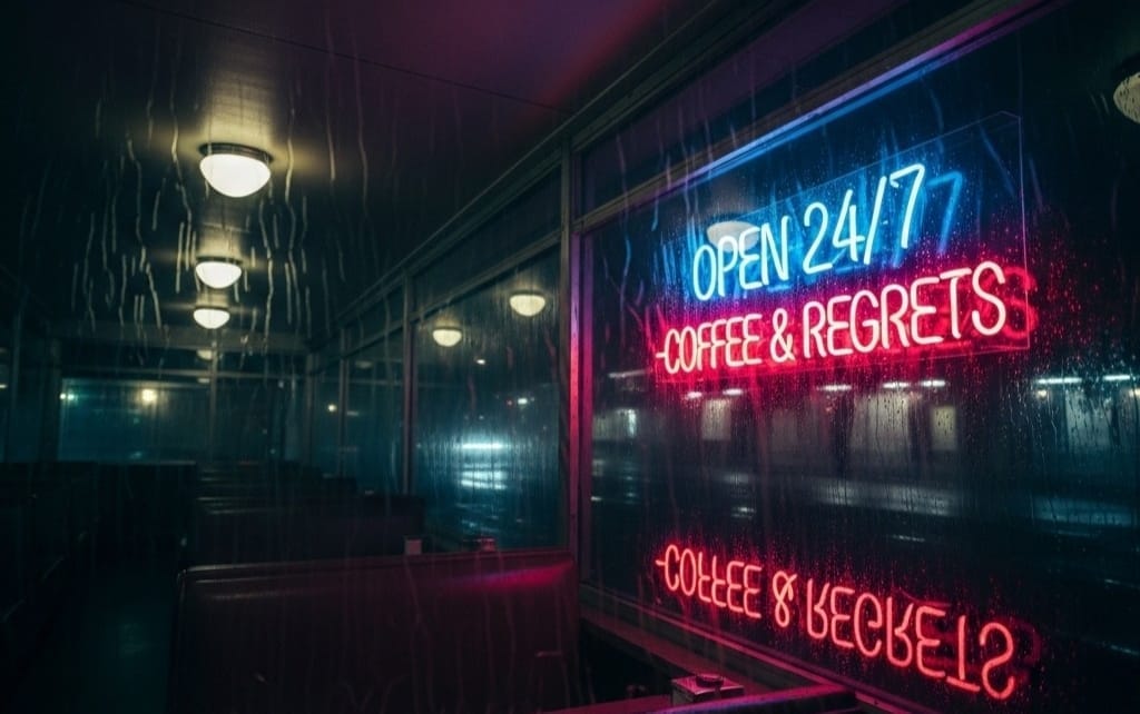 صورة مولدة بواسطة Google Imagen 4: لافتة نيون 'OPEN 24/7 COFFEE & REGRETS' في ليلة ممطرة صورة لمطعم فارغ في ليلة ممطرة، تُظهر نافذة عليها لافتة نيون مضيئة باللونين الأزرق والأحمر مكتوب عليها 'OPEN 24/7 COFFEE & REGRETS'، مع انعكاس اللافتة على الزجاج المبلل بالمطر. تم إنشاؤها بواسطة نموذج Imagen 4 من جوجل.