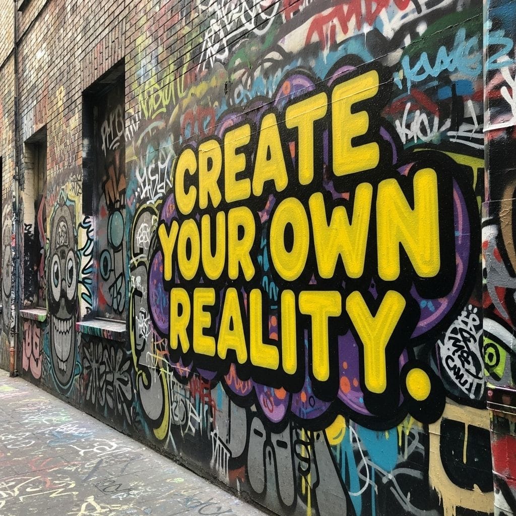 جرافيتي ملهم 'CREATE YOUR OWN REALITY' من إنشاء جوجل Imagen 4 Ultra صورة لجدارية جرافيتي، تظهر العبارة 'CREATE YOUR OWN REALITY' بأحرف صفراء كبيرة وبارزة وسط رسومات وألوان متعددة على جدار من الطوب. تم إنشاؤها بواسطة نموذج Imagen 4 Ultra من جوجل.