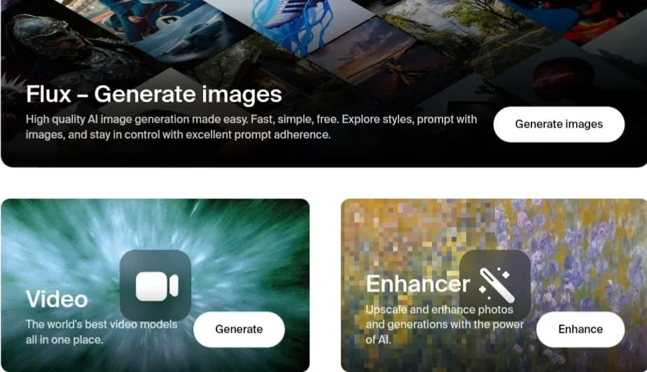 Krea AI Interface Screenshot: Flux Image Generation, Video Tool, and Image Enhancer & Upscaler.