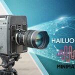 A video camera symbolizing MiniMax's Hailuo 02 AI video generation model, with a digital background displaying the Hailuo 02 and MiniMax logos.