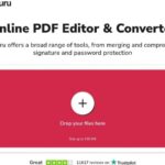 واجهة موقع PDF Guru تظهر منطقة رفع الملفات لتحرير وتحويل PDF عبر الإنترنت مع شعار الأداة.