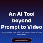 alt="لقطة شاشة لصفحة Steve AI الرئيسية، تظهر عنوان "An AI Tool beyond Prompt to Video" وزر "Create Videos with AI". الصورة توضح واجهة الأداة كصانع فيديو يعتمد على الذكاء الاصطناعي لتحويل النص والأفكار لمحتوى مرئي.