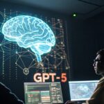 Artistic design showing developers in a dark room facing a giant screen with the word GPT-5, a glowing digital brain graphic, and the OpenAI logo.