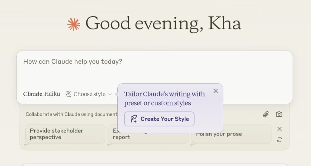 واجهة منصة الدردشة بالذكاء الاصطناعي "Claude" حيث يظهر خيار إنشاء أسلوب الكتابة "Create your Style" الجديد