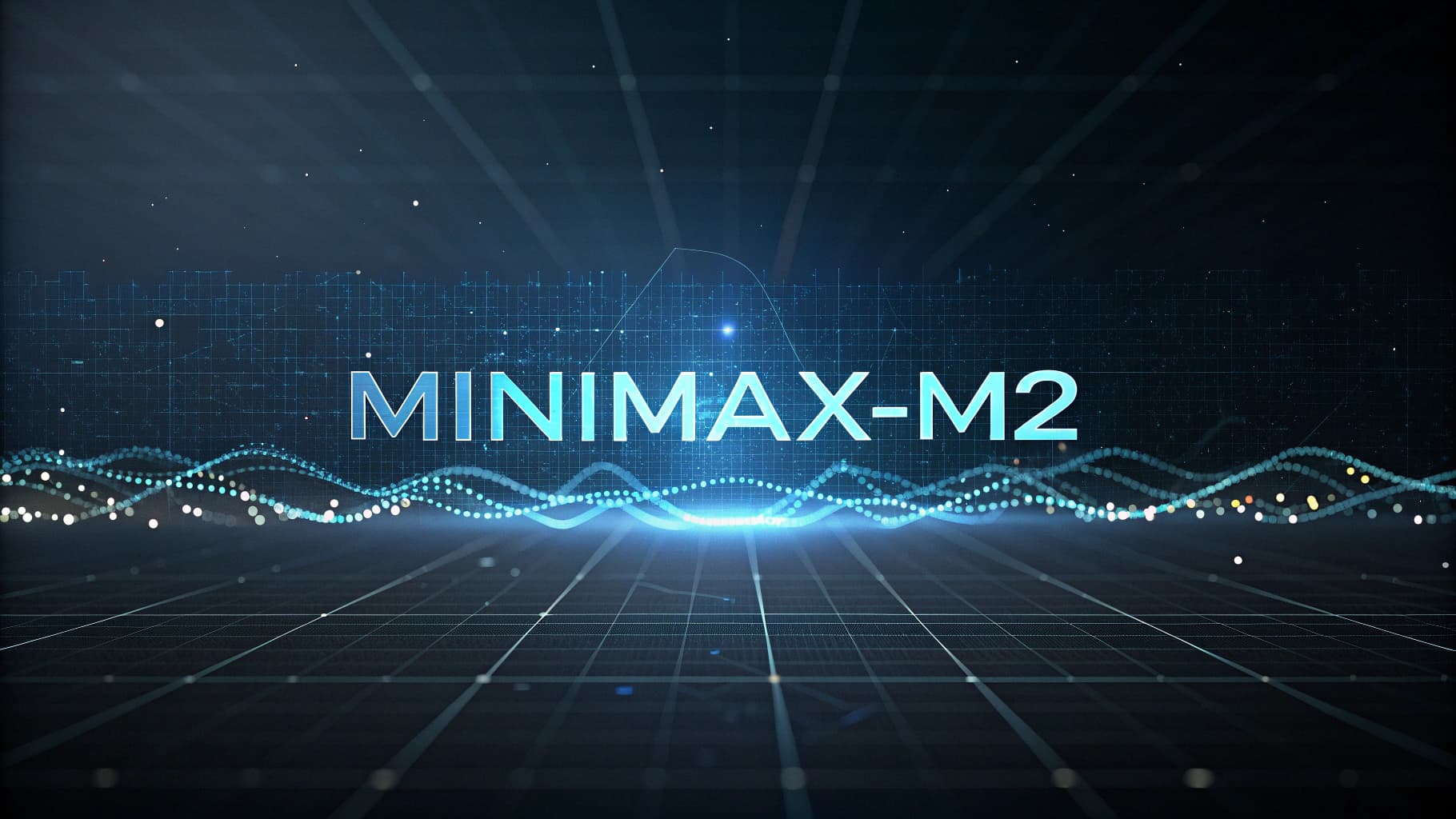 صورة تعرض اسم نموذج الذكاء الاصطناعي MiniMax-M2 بشكل بارز على خلفية رقمية مع رسوم بيانية وموجات بيانات مضيئة.