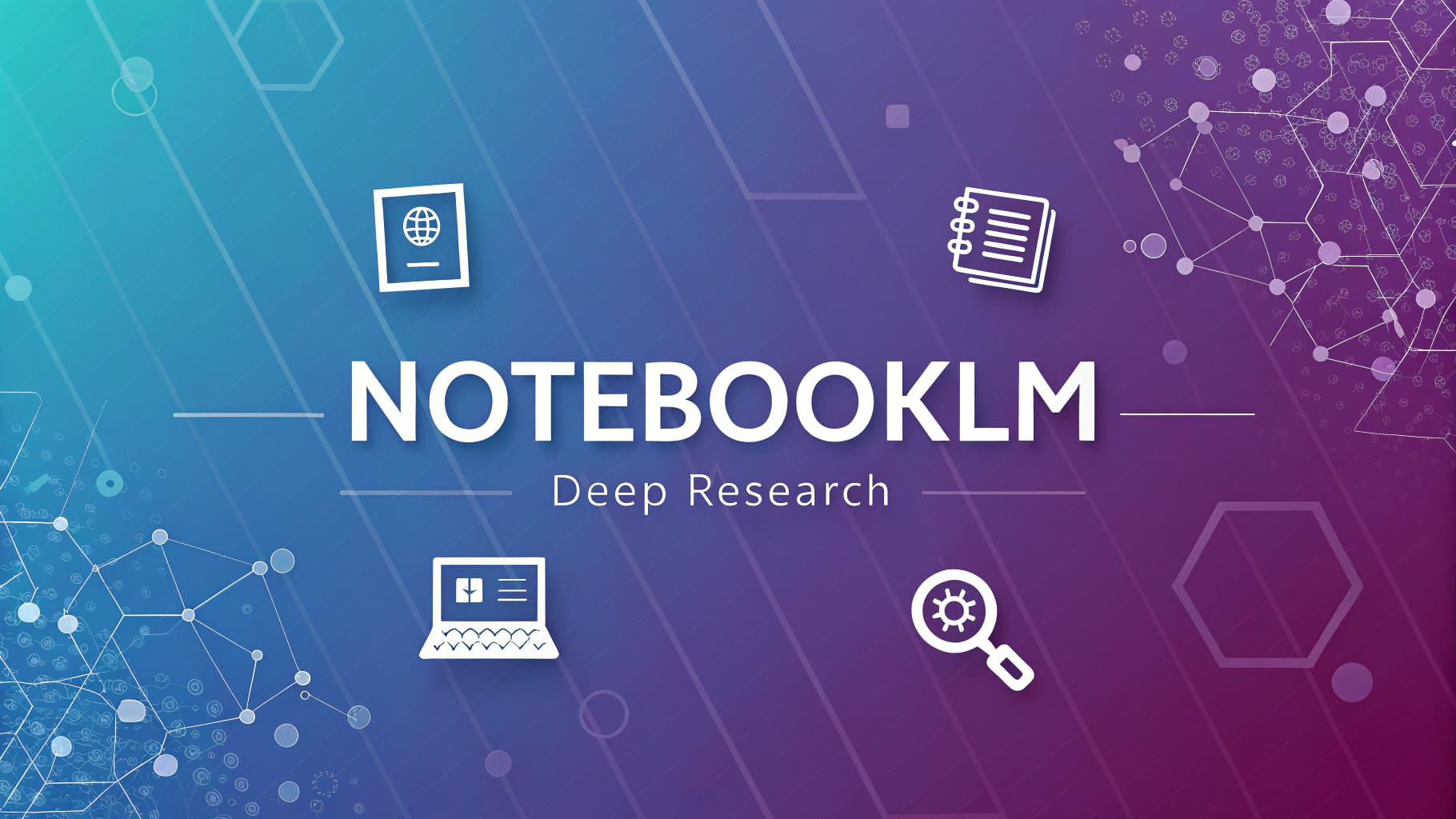 صورة شعار NotebookLM مع ميزة البحث العميق (Deep Research)، وتظهر أيقونات للبحث مثل المستندات والحاسوب المحمول على خلفية تقنية.