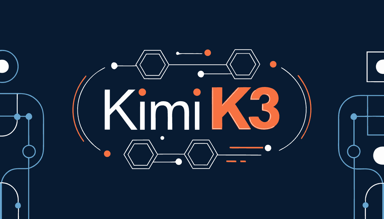 شعار وتصميم جرافيكي لنموذج الذكاء الاصطناعي Kimi K3 من شركة Moonshot AI باللونين البرتقالي والأبيض على خلفية زرقاء داكنة مزينة بدوائر وخطوط تقنية تمثل البنية البرمجية للنموذج.