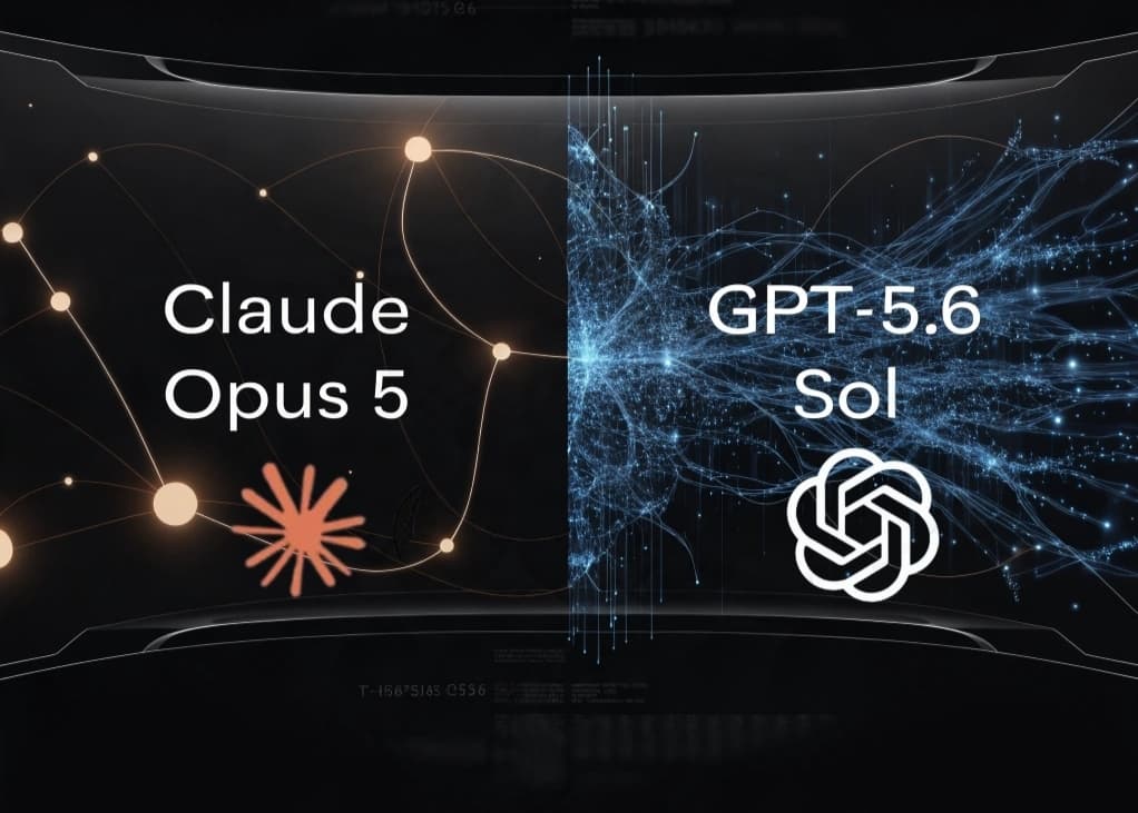 رسم توضيحي يقارن بين نموذج Claude Opus 5 بشبكة ذهبية على اليسار، ونموذج GPT-5.6 Sol بشبكة زرقاء على اليمين مع شعاري أنثروبيك وأوبن إيه آي.